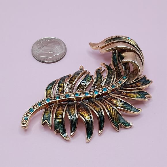 Vintage Monet Feather Brooch, Green Rhinestones, Brown Enamel, 2 3/4 Inches - Picture 7 of 7
